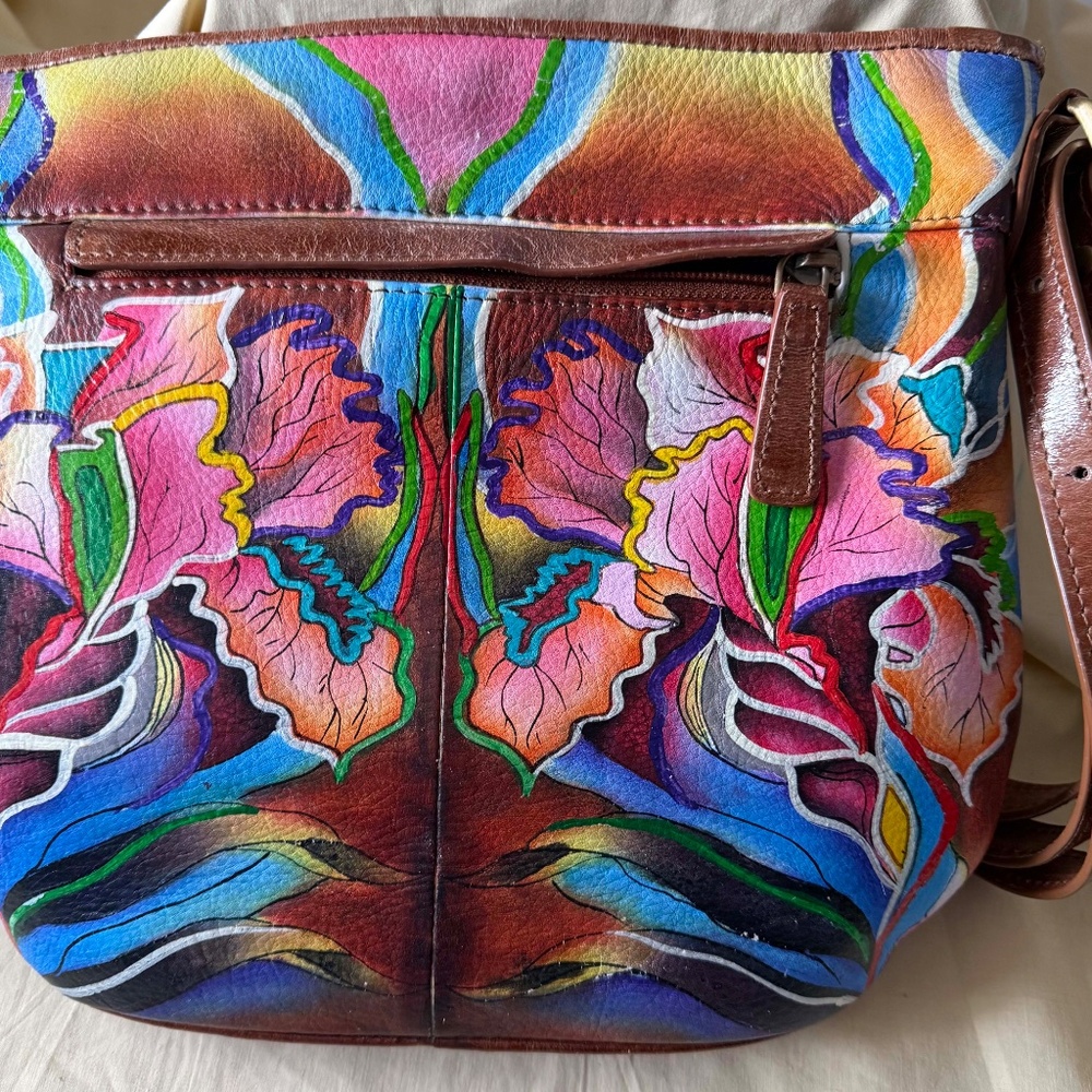 CROSSBODY LEATHER BAG, SHARIF ARTISTIC EXPRESSIONS, ORCHID MULTICOLOUR, TOP ZIP - Picture 3 of 5